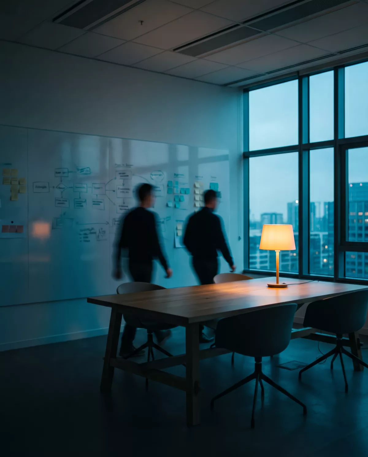 People working through a process on a whiteboard in an office