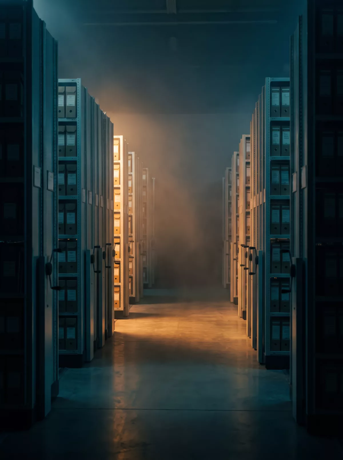 An aisle of archived records lit by warm light