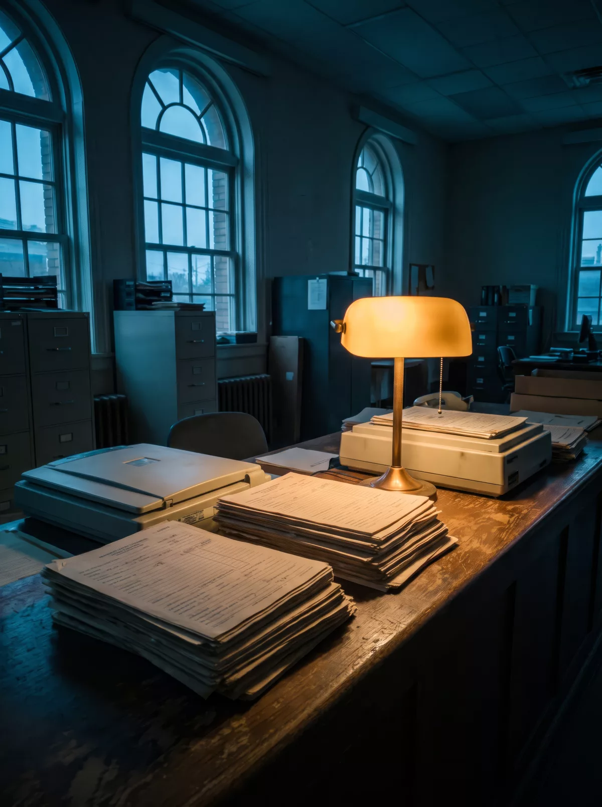 Paper records on a warmly lit desk in a civic office